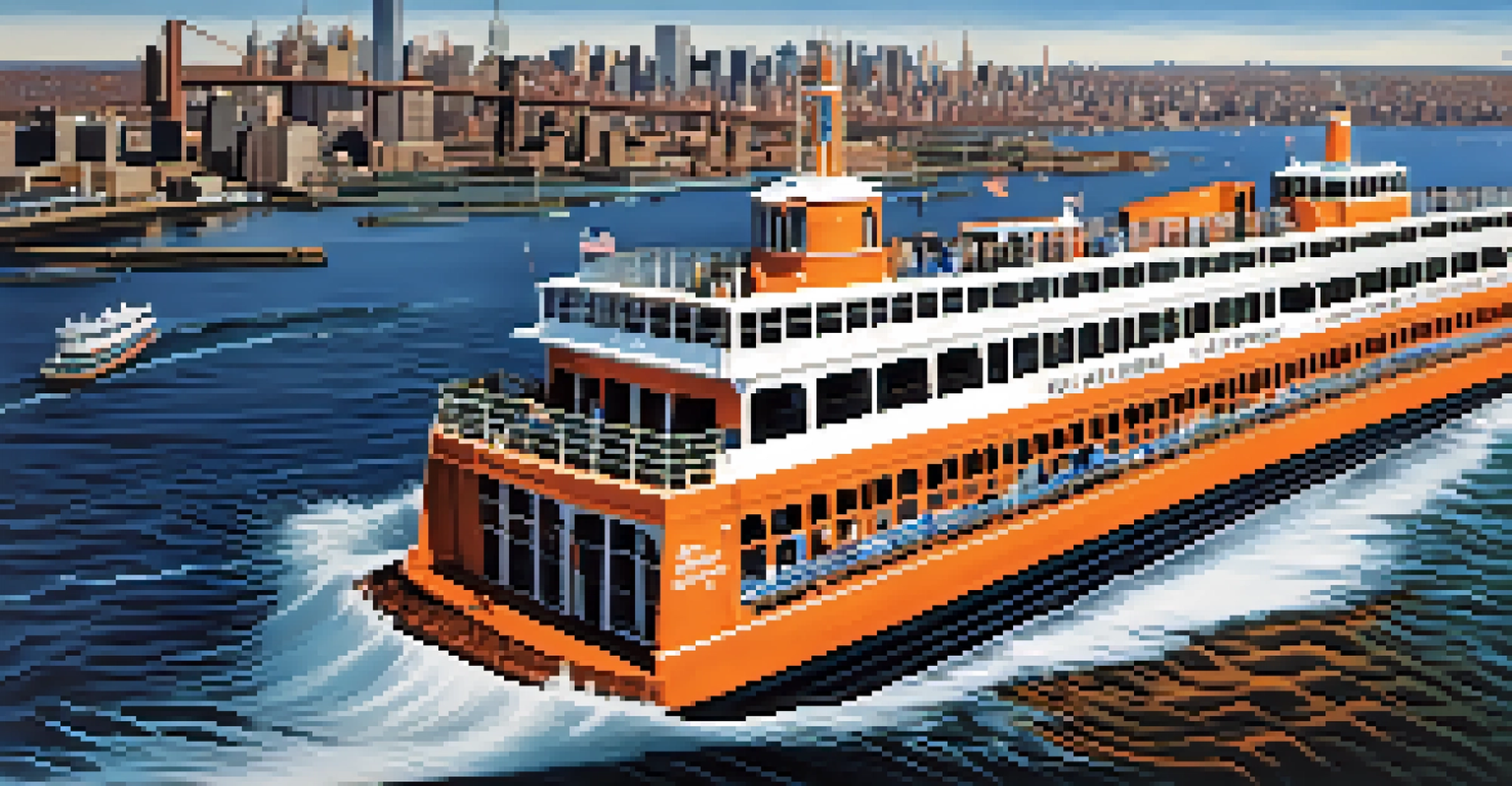 An aerial view of the Staten Island Ferry moving through the water with Manhattan skyline in the background.