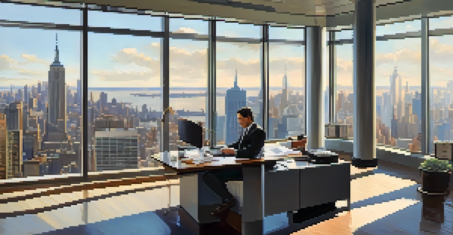 A financial analyst in a modern office overlooking the New York skyline, surrounded by reports and a laptop.