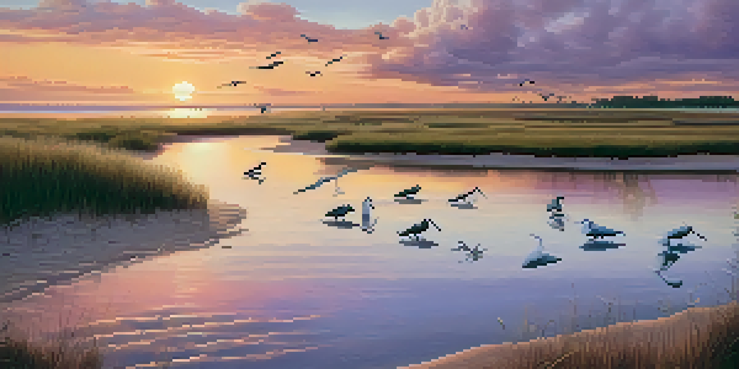 A coastal landscape in New York at sunset, with a family planting saplings on the beach and wetlands in the background.