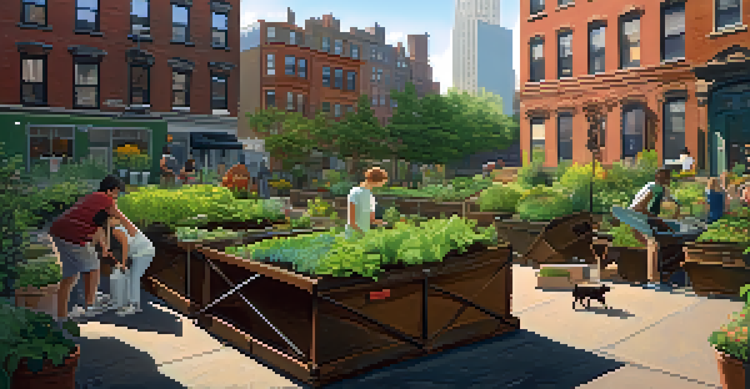 An urban garden in New York City with residents gardening and compost bins, illuminated by morning light.