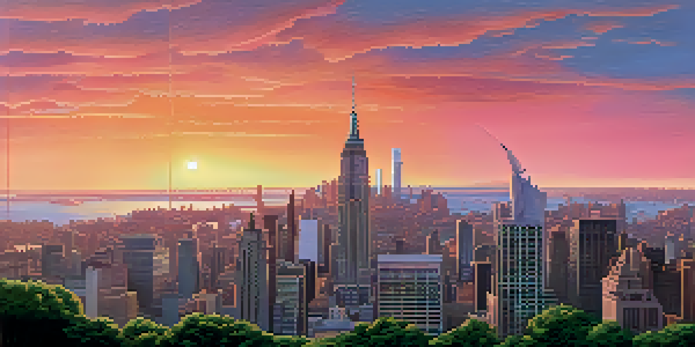 A sunset view of New York City skyline with visible haze, foreground greenery representing community efforts against air pollution.