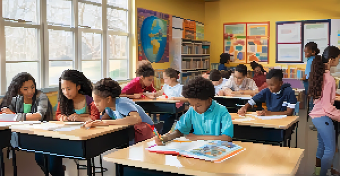 A lively classroom with diverse students working on a science project together, surrounded by colorful educational materials and natural light.