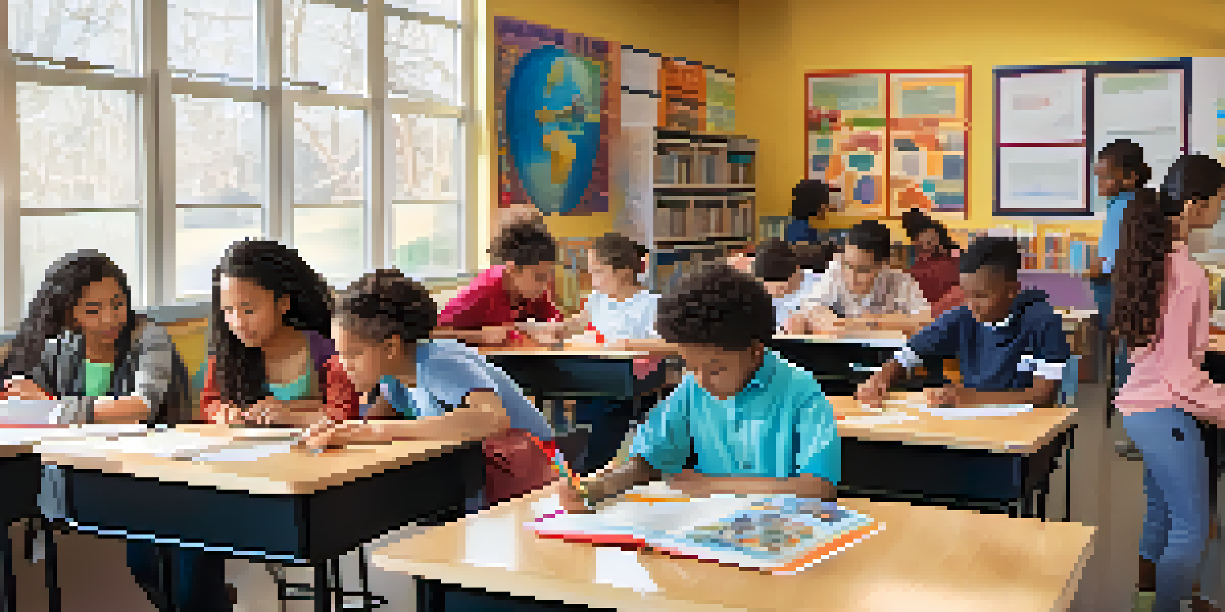 A lively classroom with diverse students working on a science project together, surrounded by colorful educational materials and natural light.
