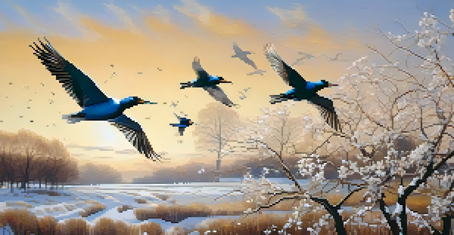 A flock of migratory birds in flight over a landscape changing from winter to spring, symbolizing shifts in migration patterns.