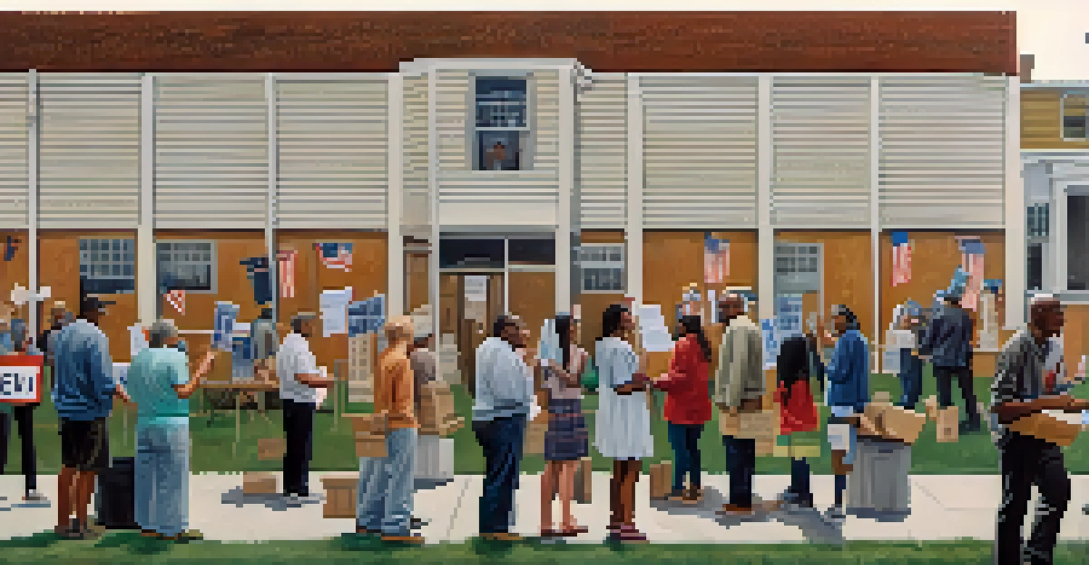 A split image showing an urban voting rally and a rural community voting scene, highlighting New York's diverse voter demographics.