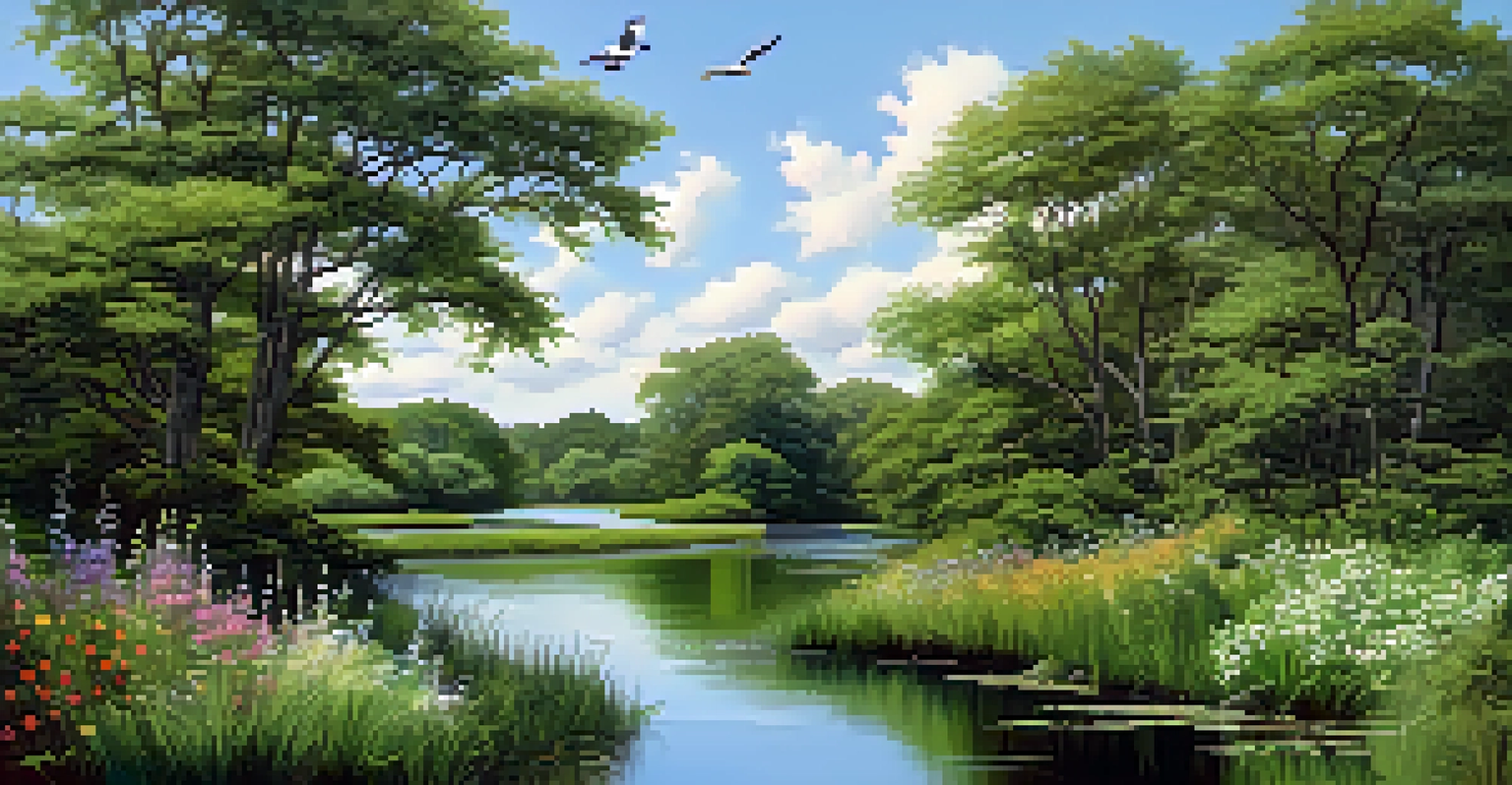 A peaceful nature reserve with a winding trail, lush greenery, and a calm pond reflecting the sky.