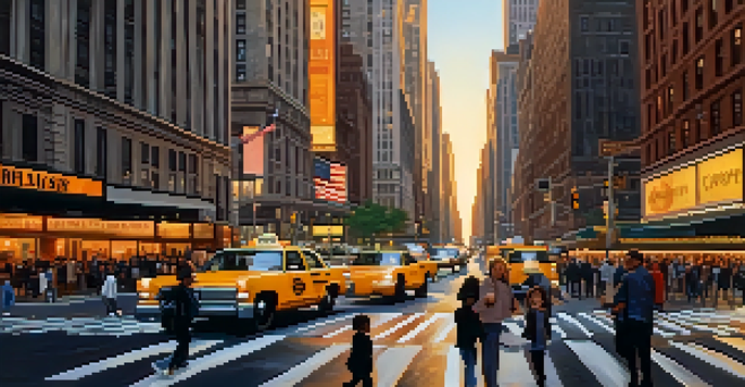 A busy street in New York City at sunset, with the Empire State Building and Times Square visible, filled with people and yellow taxis.