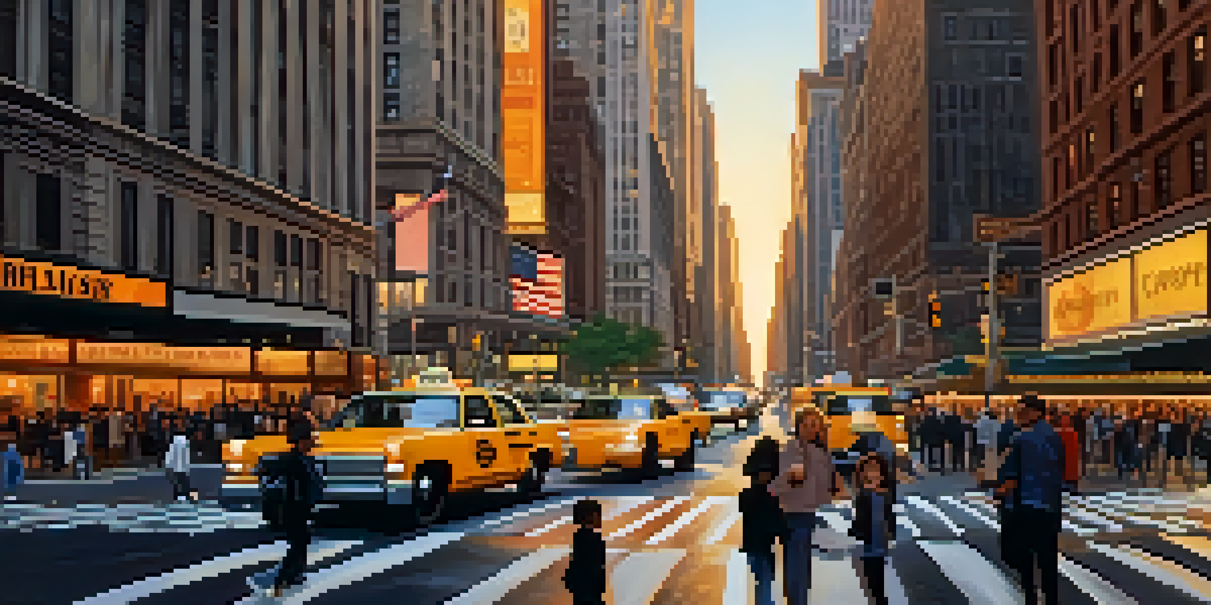 A busy street in New York City at sunset, with the Empire State Building and Times Square visible, filled with people and yellow taxis.