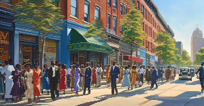 A lively street scene in 1920s Harlem with African American individuals in period clothing, surrounded by colorful storefronts and music posters, under warm sunlight.