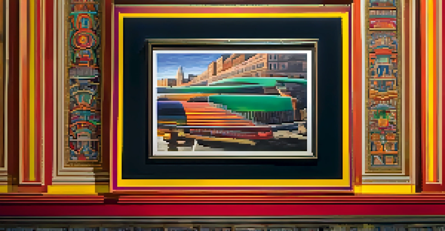 A close-up of a colorful and detailed artwork in a New York museum, with a plaque that describes the piece.