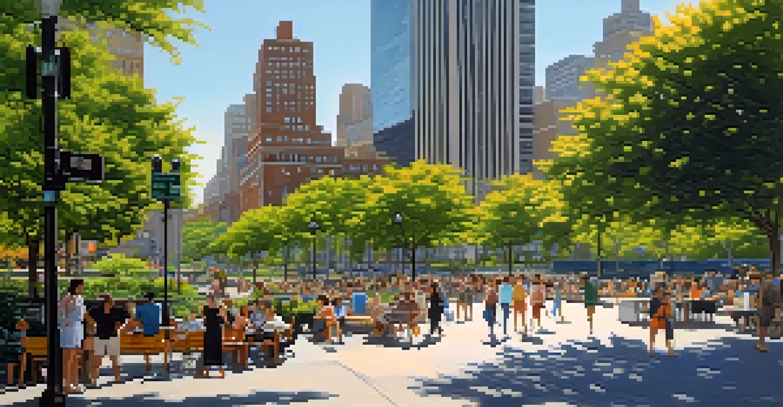A vibrant park in New York City contrasting with a sunlit street filled with skyscrapers, illustrating the urban heat island effect.