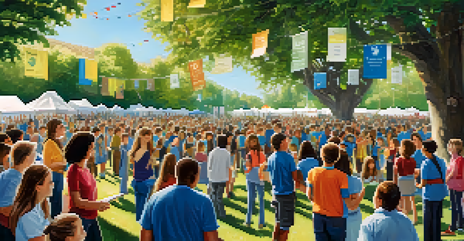 A community gathering in a park, with families and teachers advocating for education funding, surrounded by nature and banners.