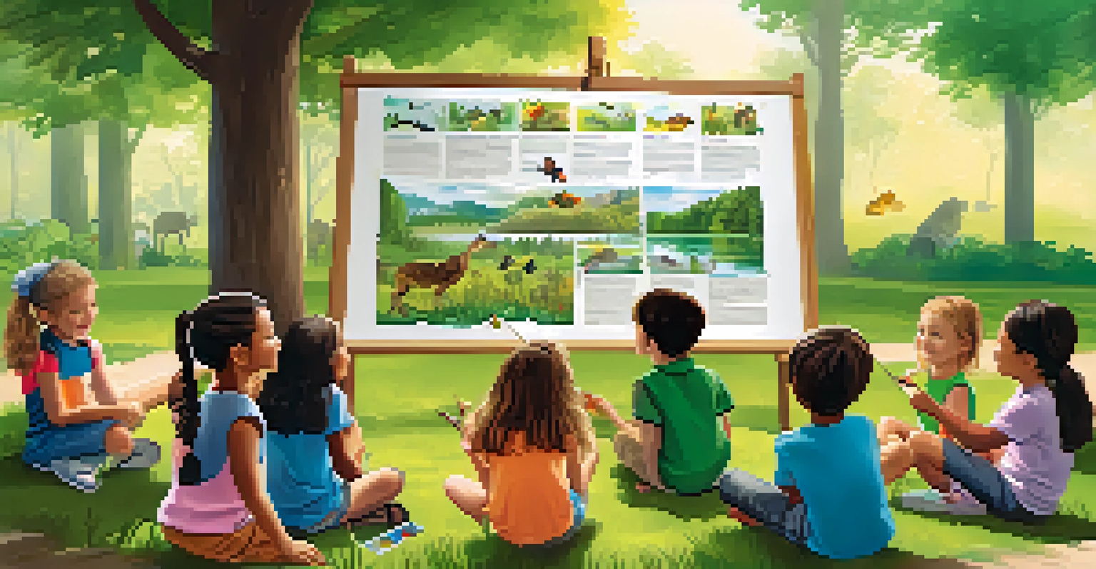 Children participating in an educational workshop about biodiversity outdoors, gathered around a colorful wildlife poster.