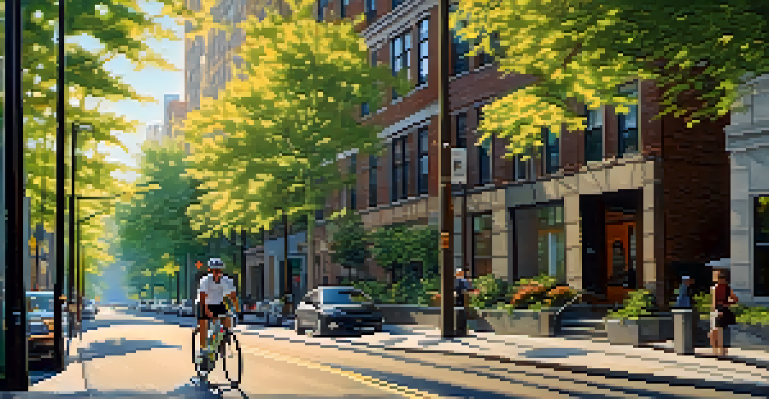 A cyclist riding in a bike lane in New York City, surrounded by trees and modern buildings, with sunlight filtering through the leaves.