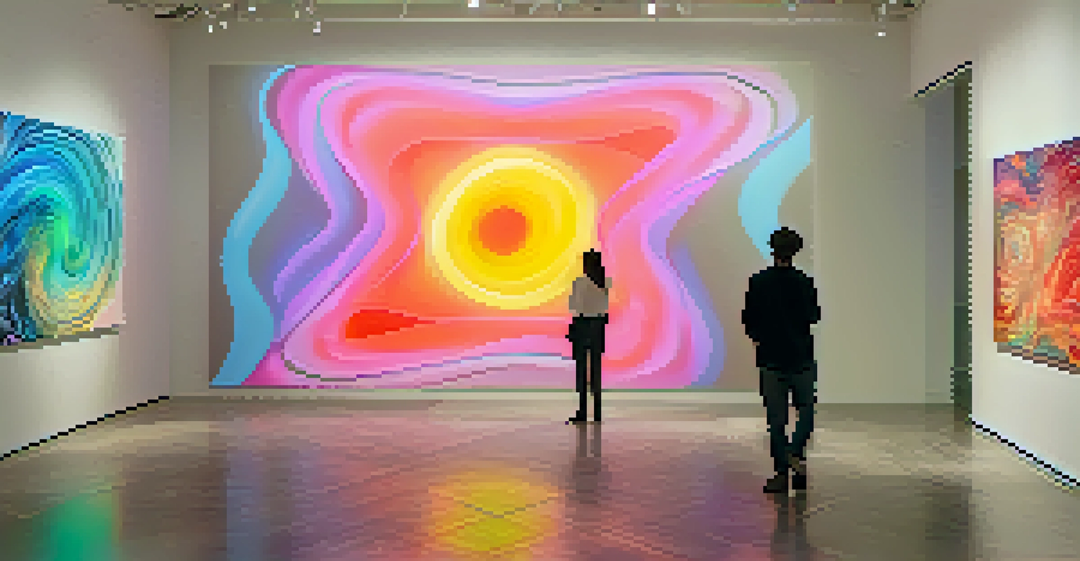 A modern art gallery showcasing an interactive digital art installation with changing visuals and soft lighting.