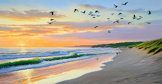 A beautiful beach at sunrise with golden light on the waves and silhouettes of seagulls flying in the sky.