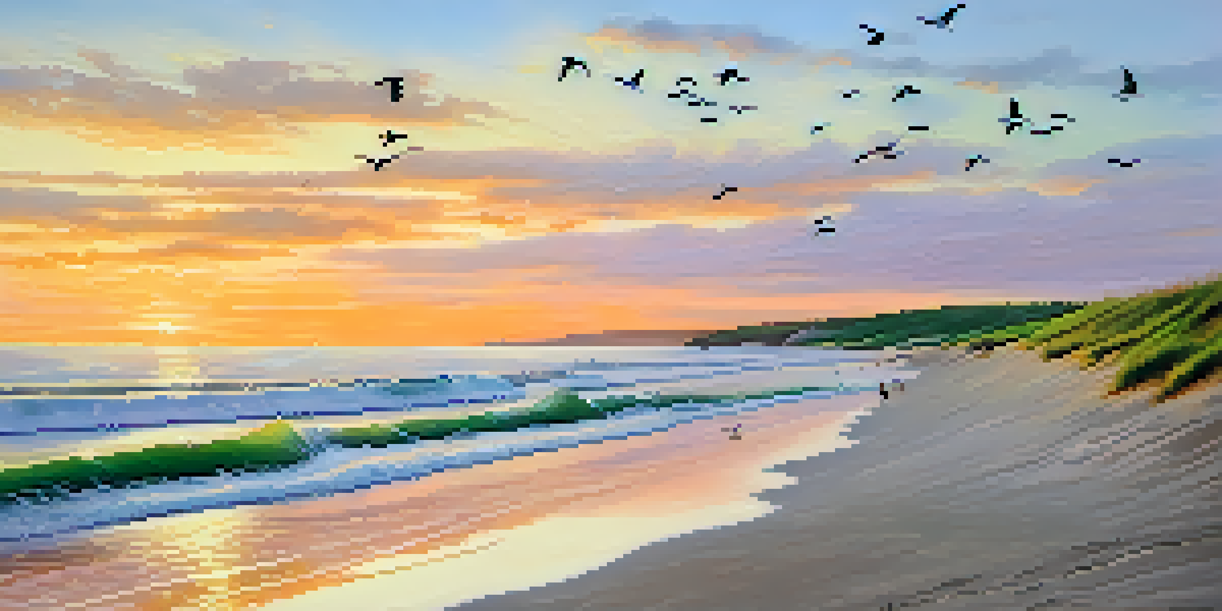 A beautiful beach at sunrise with golden light on the waves and silhouettes of seagulls flying in the sky.