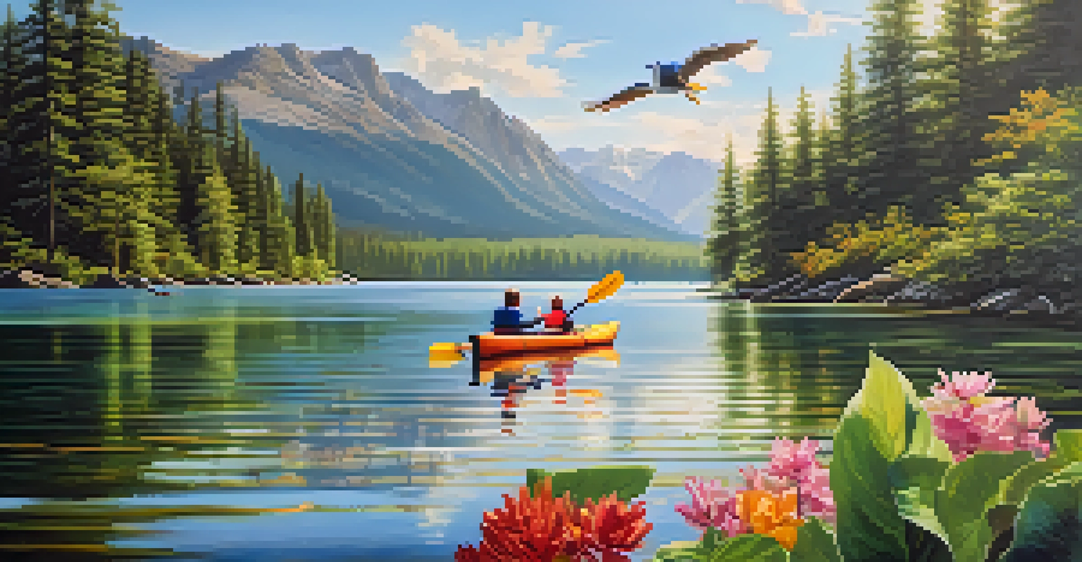 A family kayaking on a clear lake in the Adirondacks, surrounded by green forests and mountains, under a sunny sky.