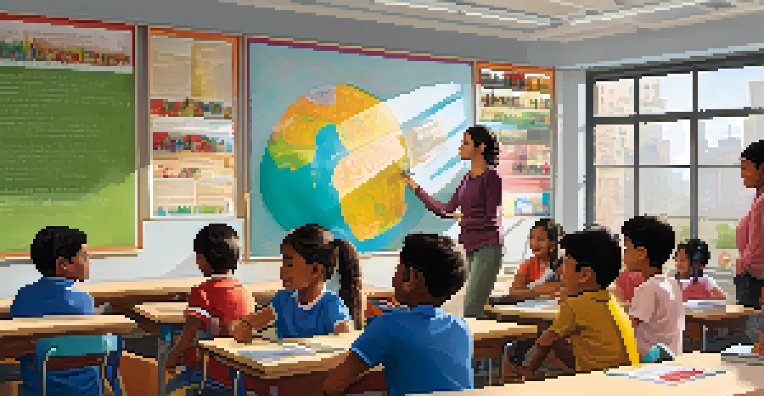 A multicultural classroom in New York with students learning in a bilingual setting, posters of languages on the walls.