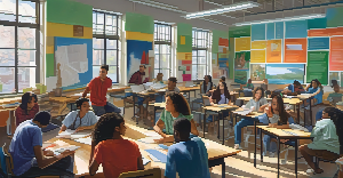 A diverse group of students working together in a bright classroom, collaborating on a project with laptops and notebooks.