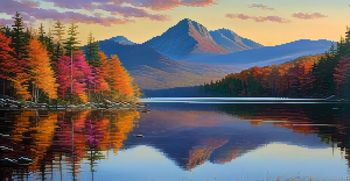 A picturesque sunrise over the Adirondack Mountains, with a lake reflecting the colorful sky and autumn trees.