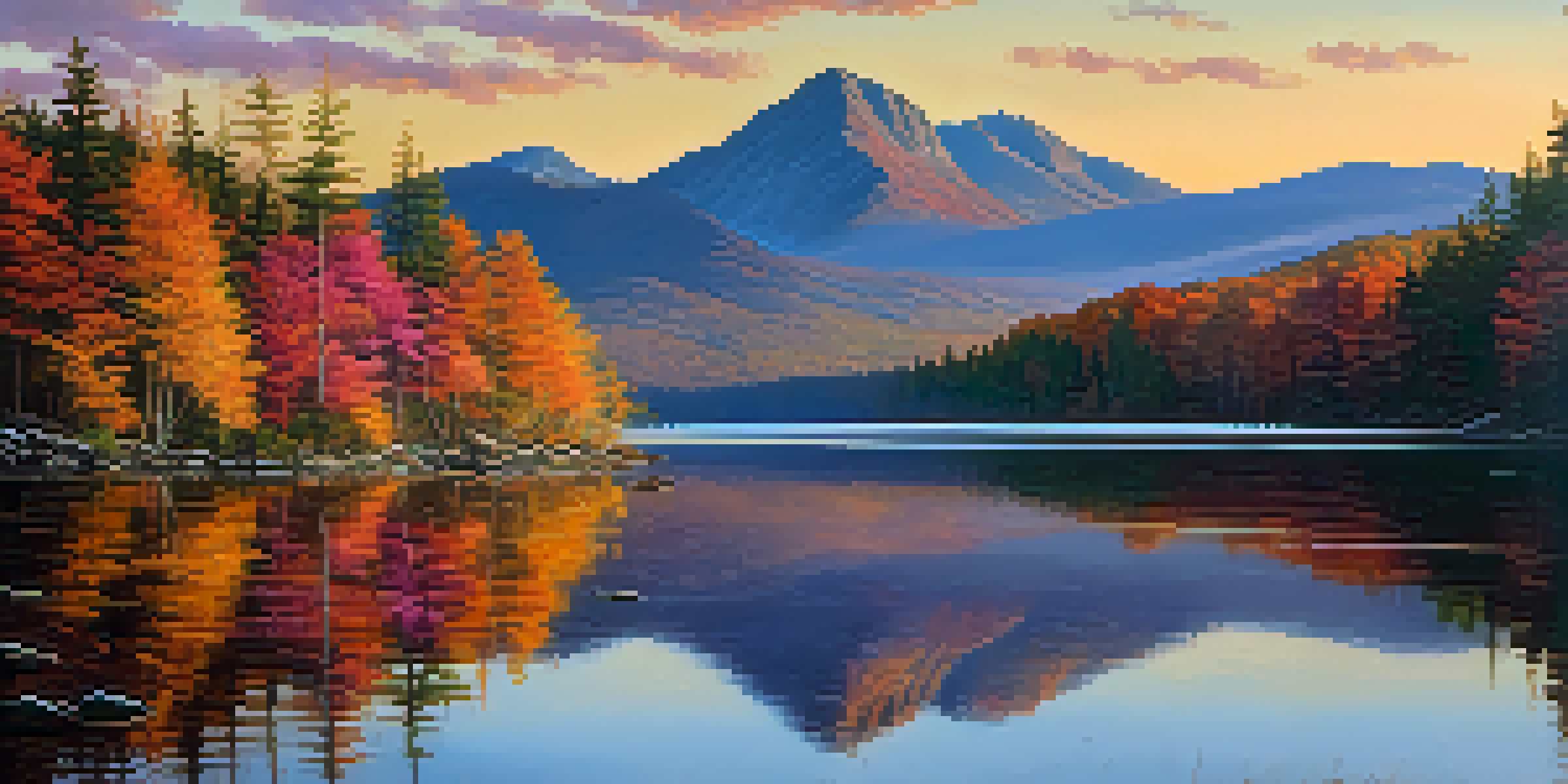 A picturesque sunrise over the Adirondack Mountains, with a lake reflecting the colorful sky and autumn trees.