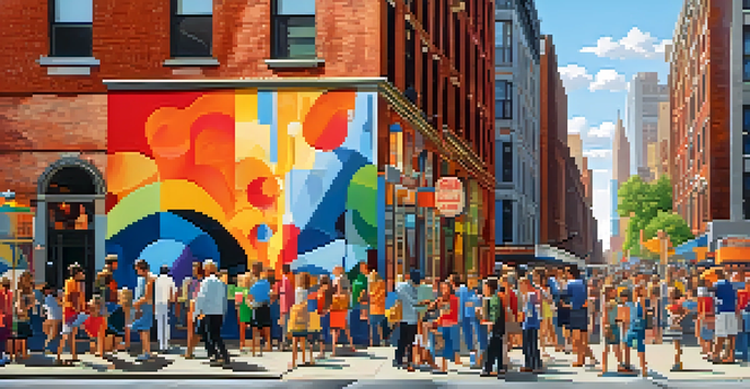 A lively street in New York City with a colorful mural on a brick wall, people admiring it, and the skyline in the background.