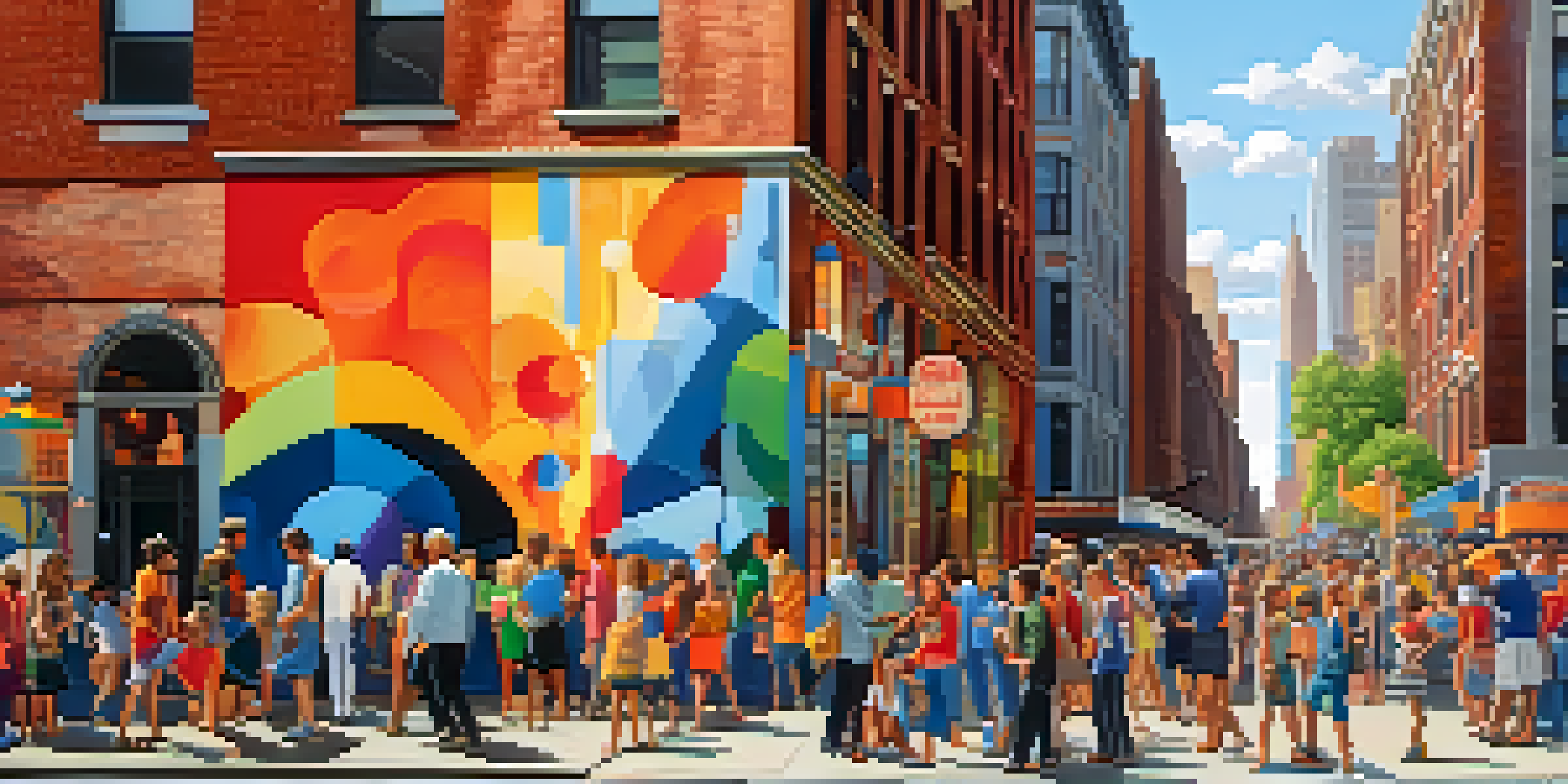 A lively street in New York City with a colorful mural on a brick wall, people admiring it, and the skyline in the background.