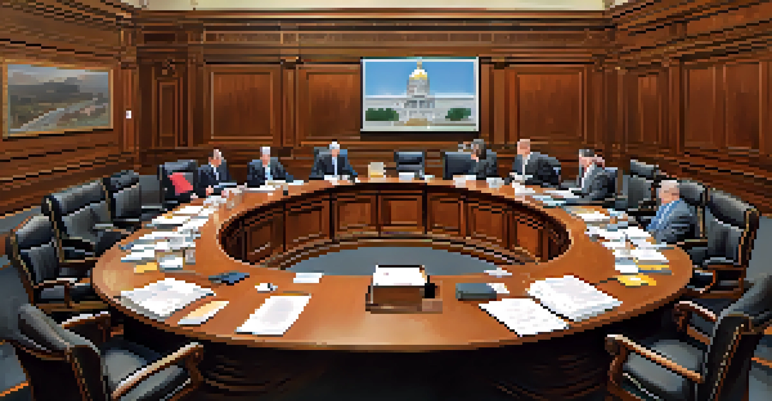 A detailed close-up of a legislative committee table with lawmakers discussing a bill, surrounded by papers and a large screen.