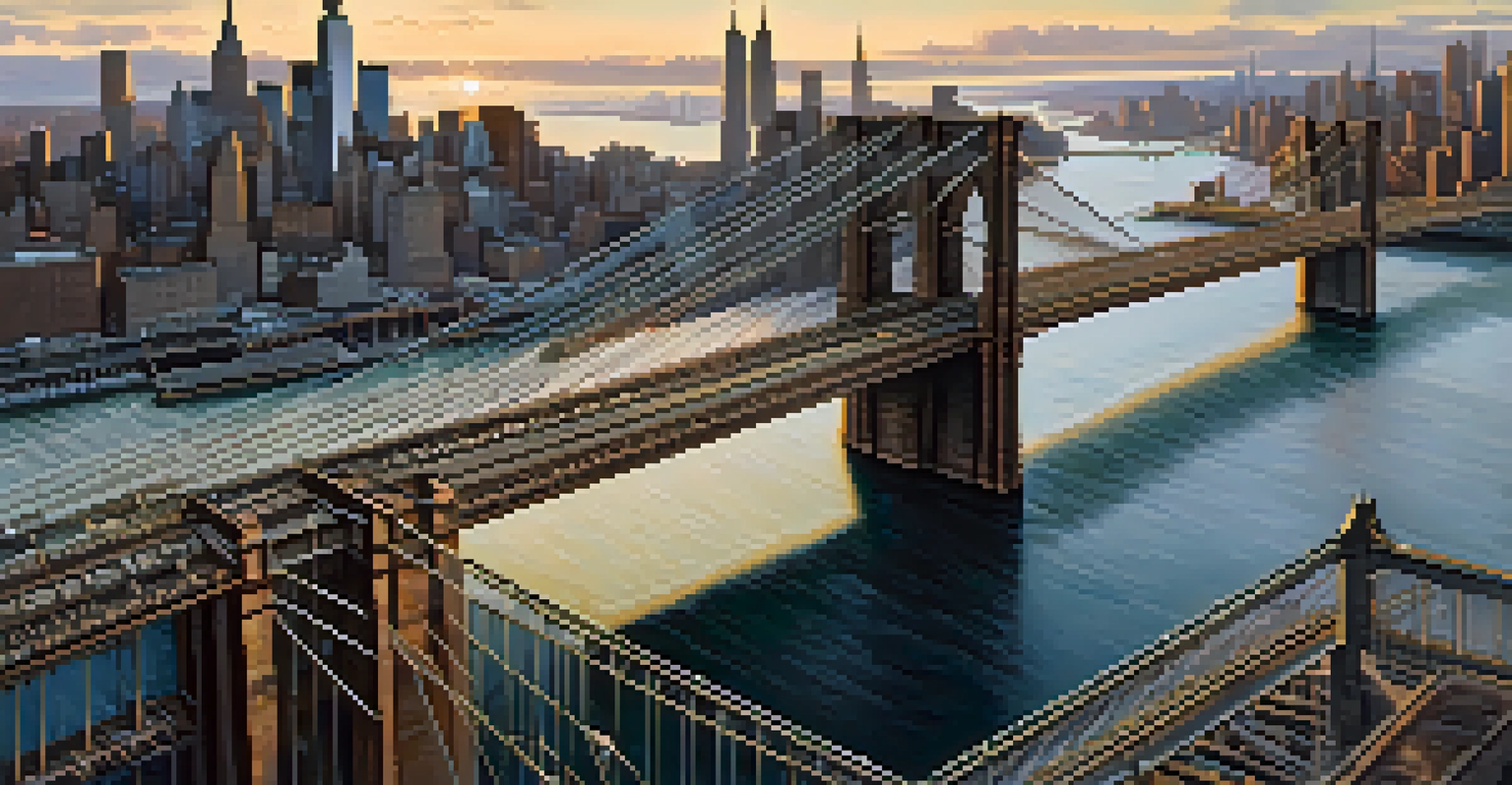 An aerial view of the Brooklyn Bridge at dawn with the city skyline in the background.