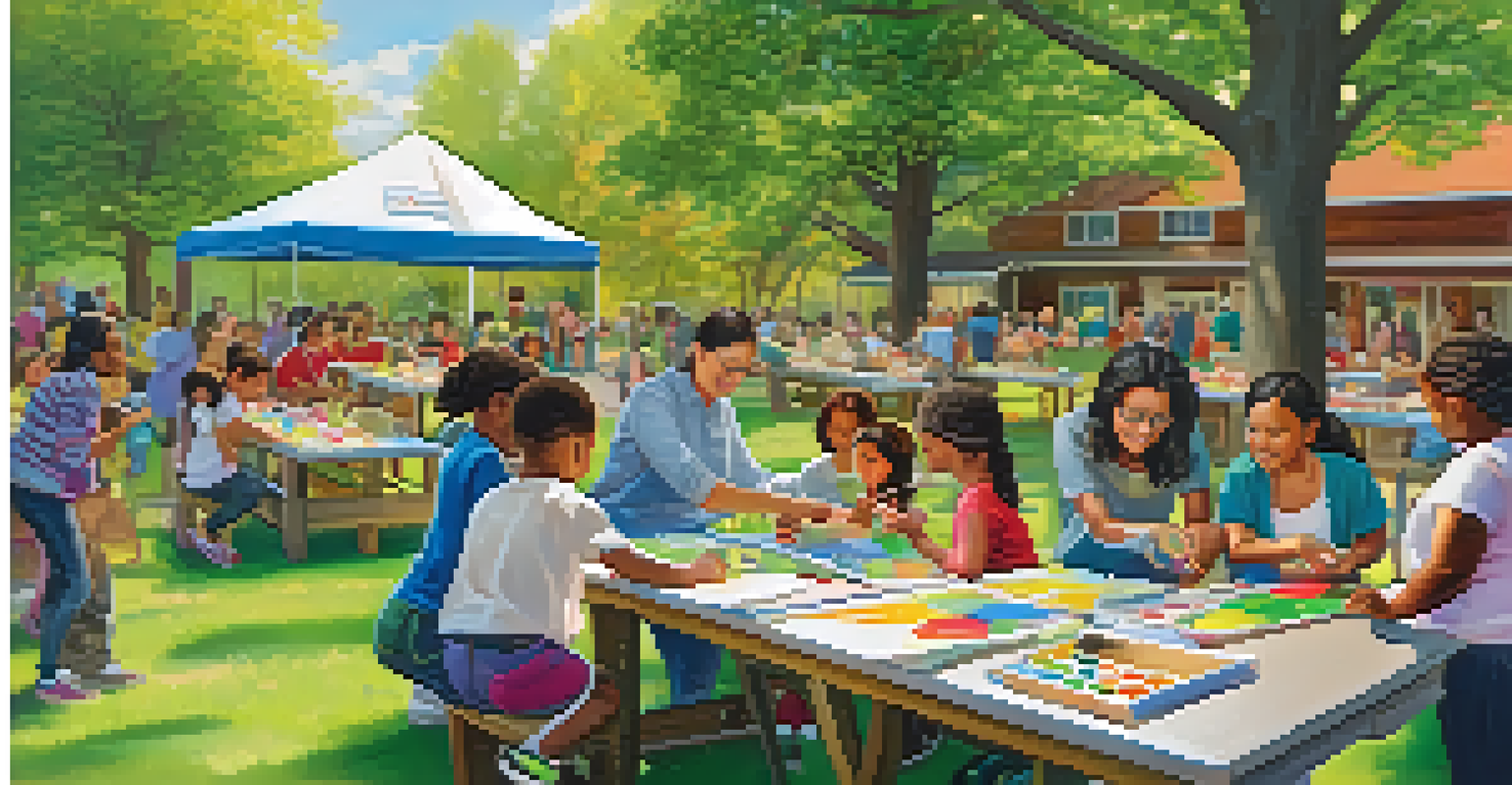 A community workshop with parents and educators participating in hands-on activities outdoors, surrounded by a vibrant garden.