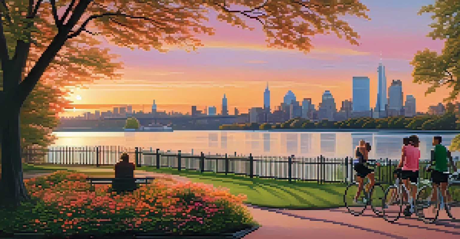 A sunset view of Riverside Park along the Hudson River, featuring vibrant sky colors and people enjoying the park.