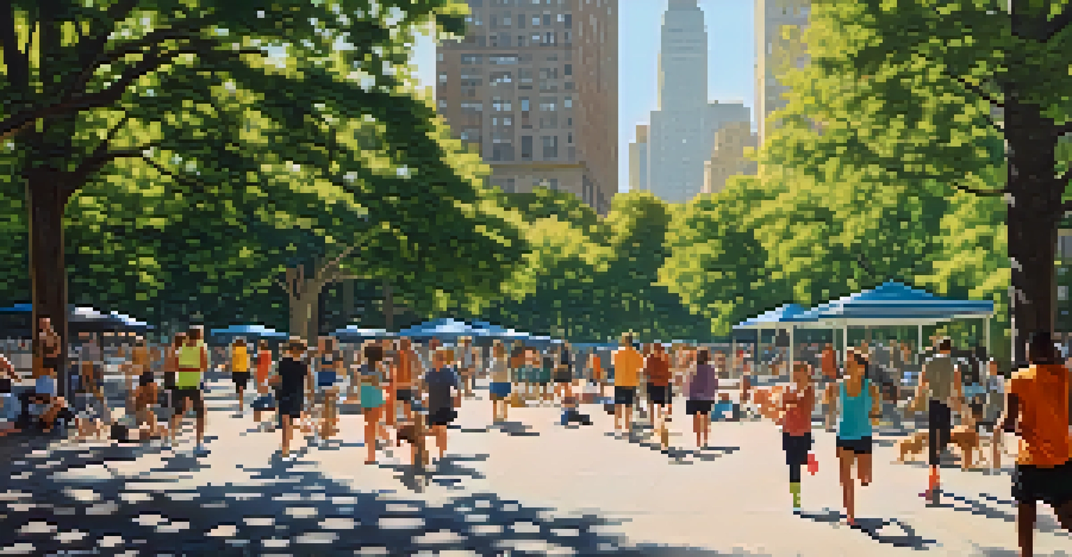 A vibrant urban park in New York City with people jogging, practicing yoga, and playing with dogs, with skyscrapers in the background.