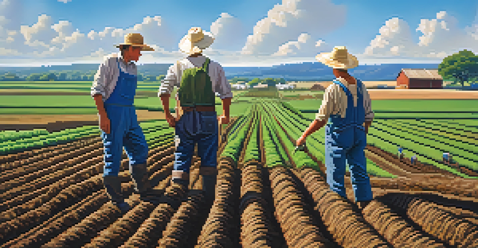 Local farmers in a field discussing sustainable practices, with hands in the soil and healthy crops in the background.