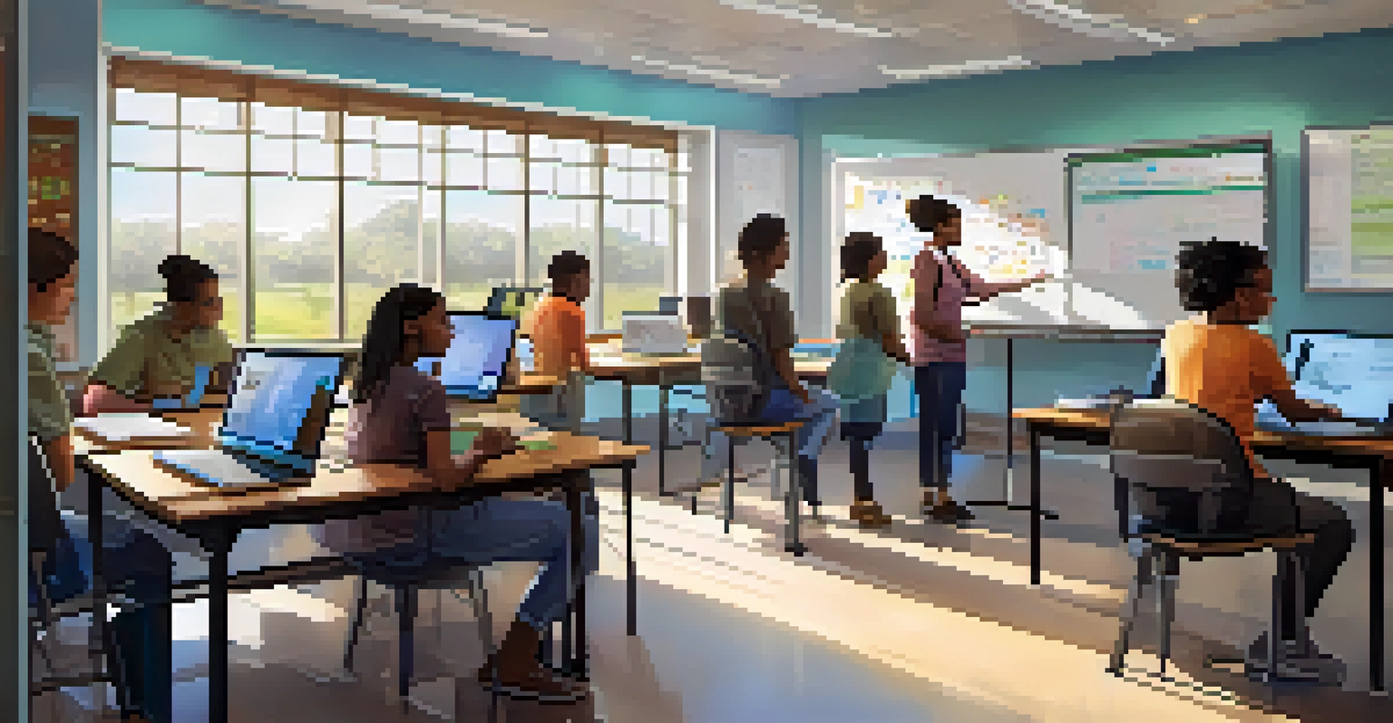 A teacher leading an adult coding workshop in a modern classroom, with learners engaged in collaborative projects and surrounded by technology.