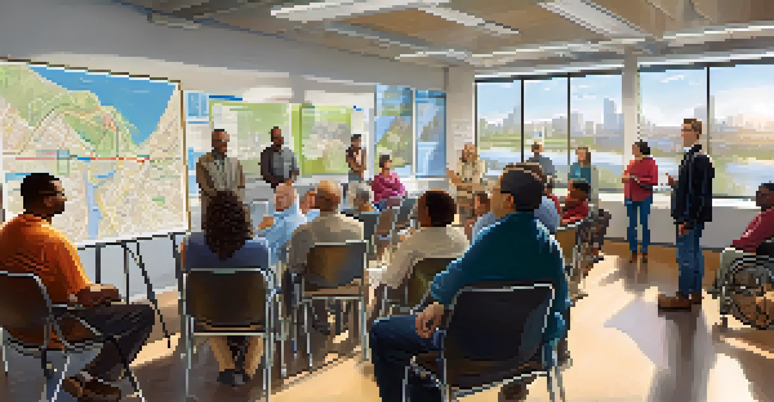 A community meeting focused on public transportation accessibility, featuring diverse participants discussing improvements.