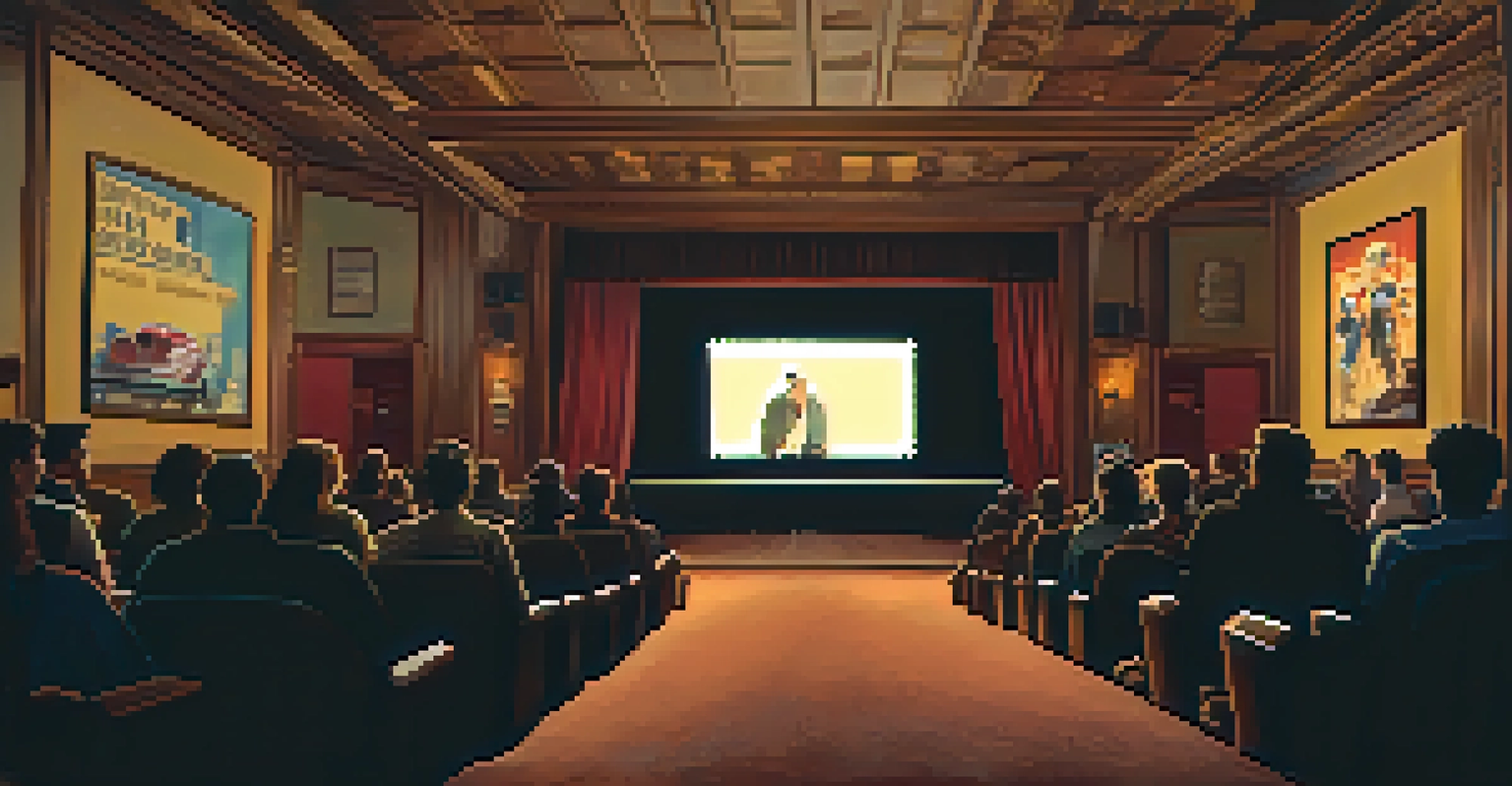 An indoor theater filled with an engaged audience watching an indie film screening, with soft lighting and vintage film posters.