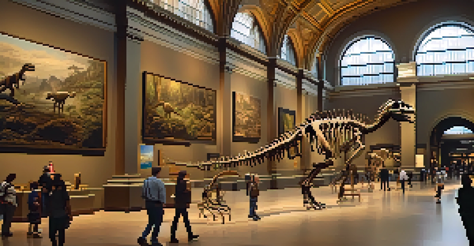 The interior of the American Museum of Natural History featuring dinosaur skeletons and visitors exploring.