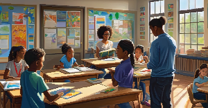 A colorful classroom with diverse students collaborating on a project, sunlight shining through the windows.