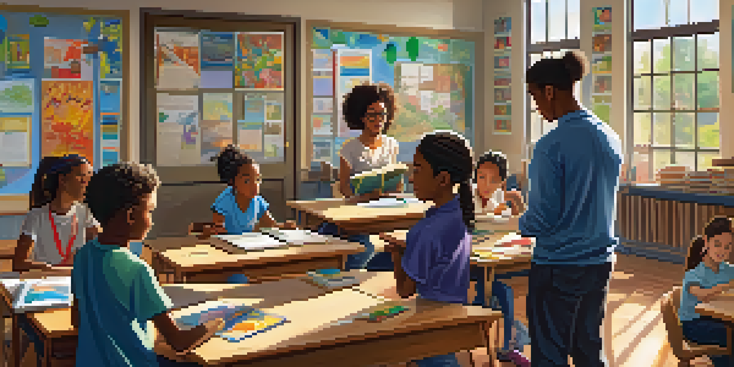 A colorful classroom with diverse students collaborating on a project, sunlight shining through the windows.