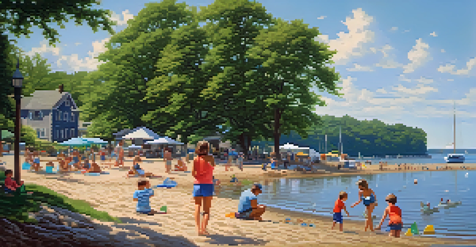 A family having fun at Lake Erie beach with children building sandcastles and sailboats in the background.