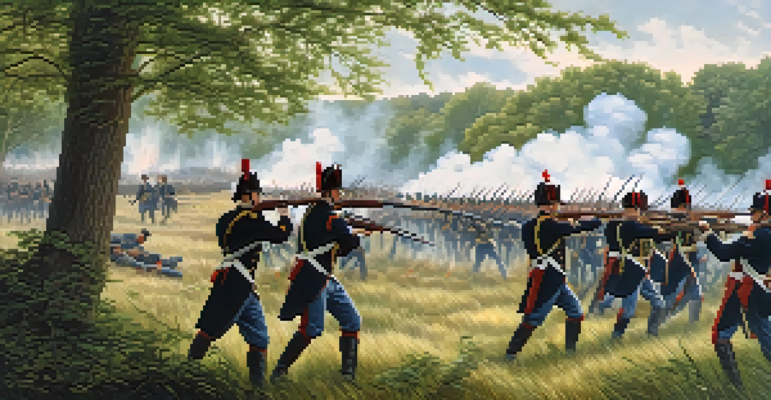 A reenactment of the Battle of Long Island, showing American and British soldiers in combat with a lush landscape in the background.
