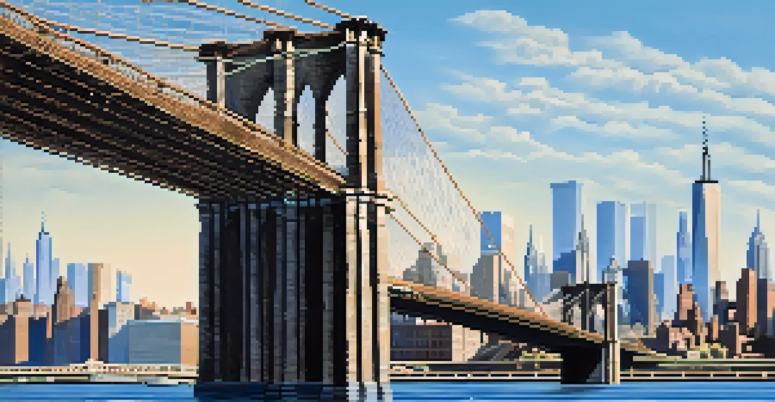 A detailed view of the Brooklyn Bridge's Gothic towers and cables with pedestrians and the Manhattan skyline.