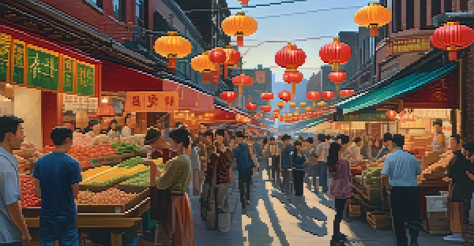 A lively street in Chinatown, New York City, filled with people and market stalls, adorned with colorful lanterns, showcasing a blend of traditional and modern architecture.