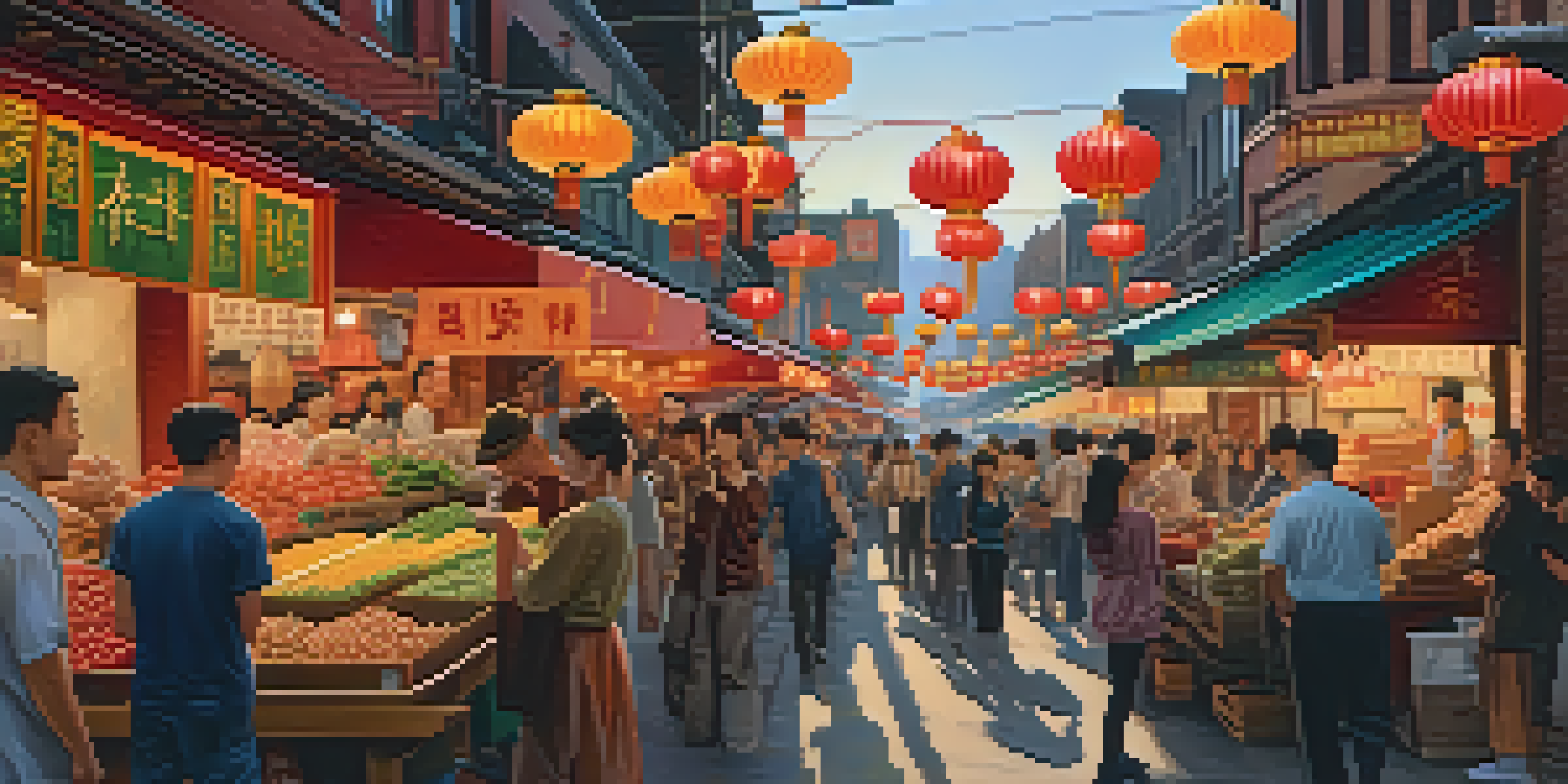 A lively street in Chinatown, New York City, filled with people and market stalls, adorned with colorful lanterns, showcasing a blend of traditional and modern architecture.