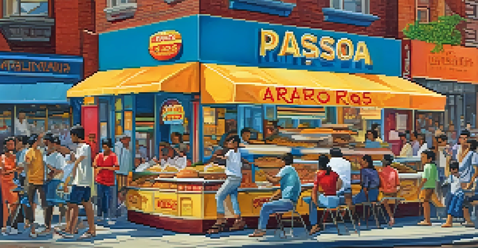 A busy street in Jackson Heights filled with food stalls and diverse people enjoying various cuisines.