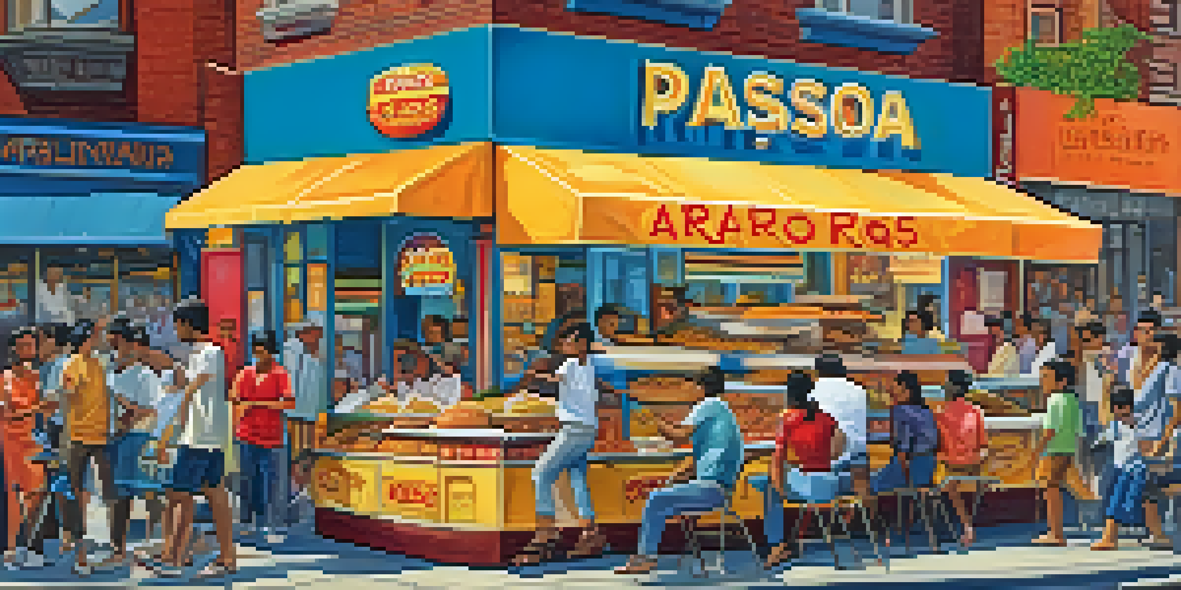 A busy street in Jackson Heights filled with food stalls and diverse people enjoying various cuisines.