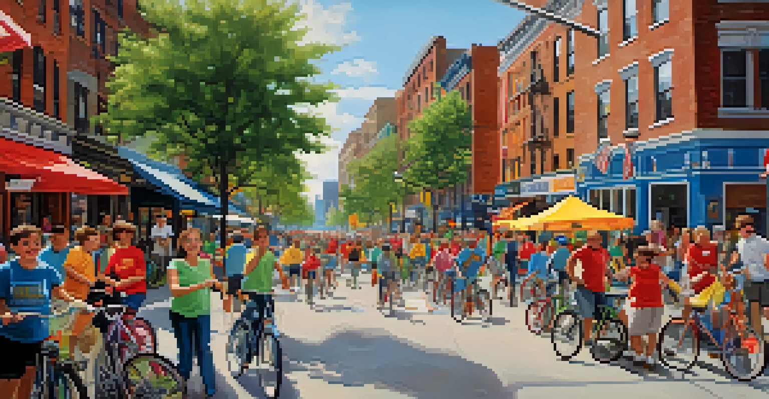 A community event in New York for 'Bike to Work Day', with families biking and colorful decorations in a lively atmosphere.