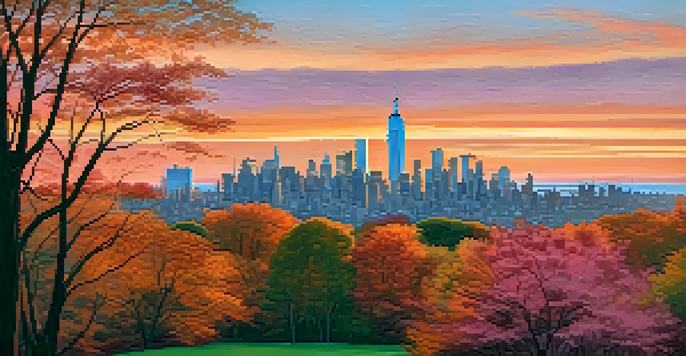 A panoramic view of New York City skyline during sunset with warm colors and silhouettes of trees in Central Park.