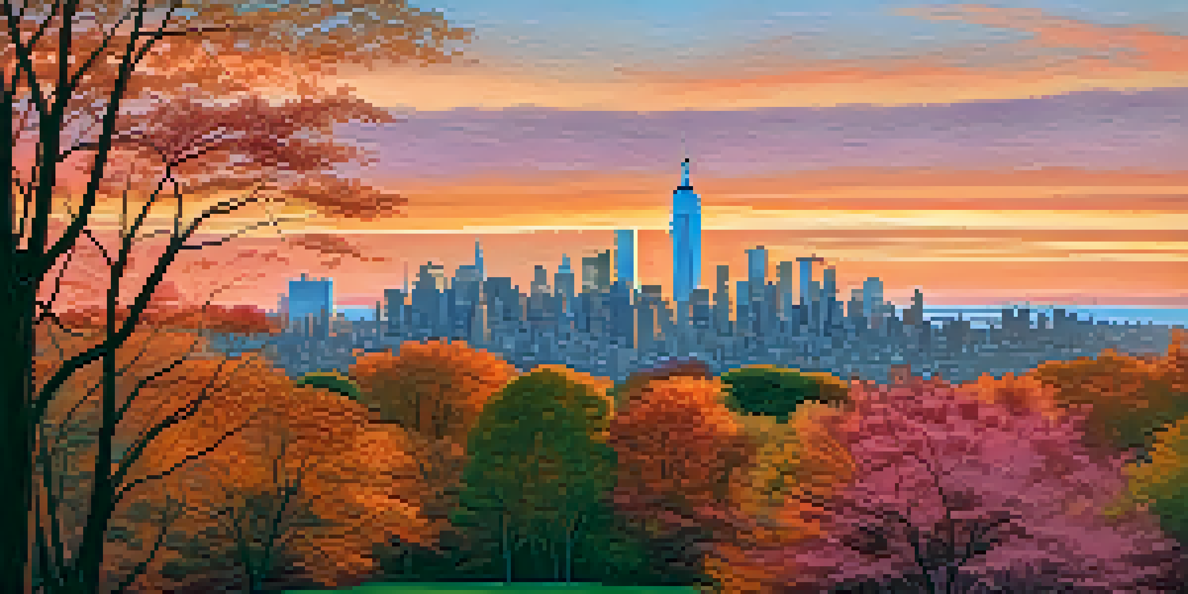 A panoramic view of New York City skyline during sunset with warm colors and silhouettes of trees in Central Park.